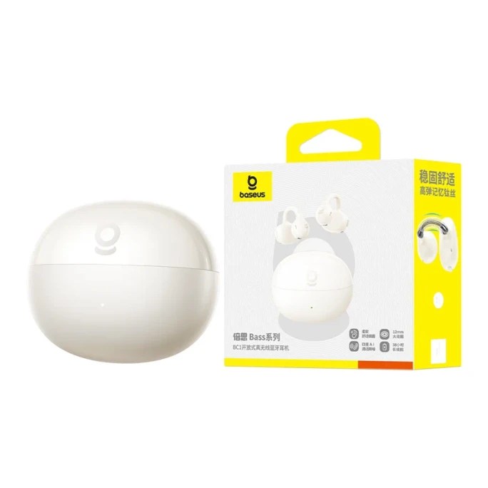 【Hong Kong Direct Mail】 Baseus BC Series Ear Clip Bluetooth Earphones White, 1 Pair, IP55 Protection, Long Battery Life