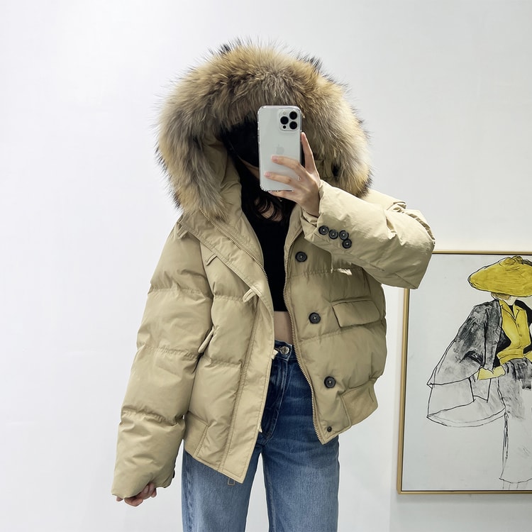 New Large Fur Collar Loose And Thick Down Jacket In Khaki