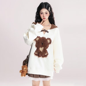 Little Bear Embroidered V-Neck Hoodie Apricot S