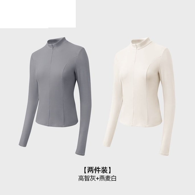 Half zip base shirt for women autumn and winter top high neck slim fit warm long sleeved white+gray size S 2 pieces
