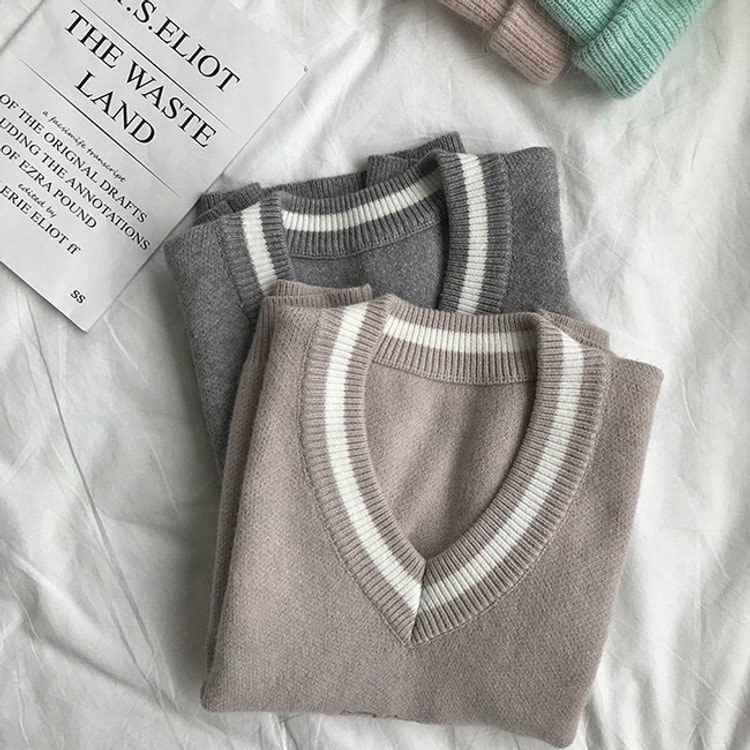 College style Knit Sweater Vest Gray One-size - Yami