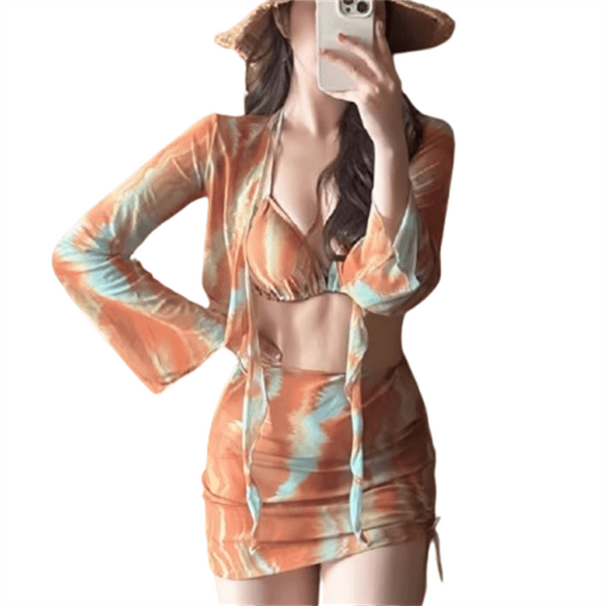 Retro swimsuit women's four-piece set L size 1 piece long sleeve sunscreen meat-covering high-end island resort hot