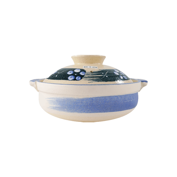 Japanese Clay Pot Donabe Blue Flower Print 82oz 10"Dx6"H