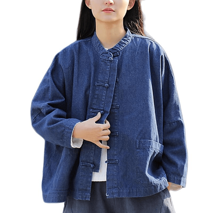 中国 ASIS新中式棉麻盘扣牛仔衬衫休闲外套上衣-深蓝色