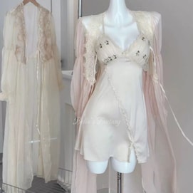 美國Bella’s Fantasy法式薄紗泡泡袖網紗夏季薄款法式仙女家居服 睡袍 膚色 M