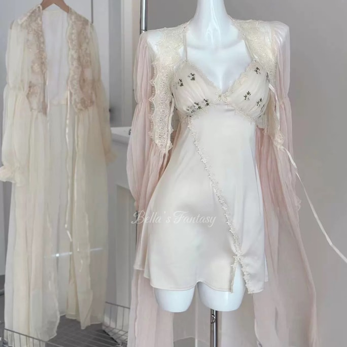 美國Bella’s Fantasy法式薄紗泡泡袖網紗夏季薄款法式仙女家居服 睡袍 膚色 M