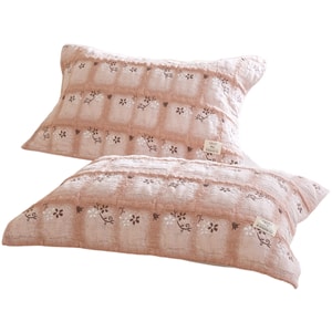 [중국 직배송] HSPM A등급 퍼프 거즈 순면 베개 커버 (엄마와 아기용), 두툼하고 기름에 강한 성인용 베개 커버, 핑크 & 오렌지 체크 무늬, 2개 세트