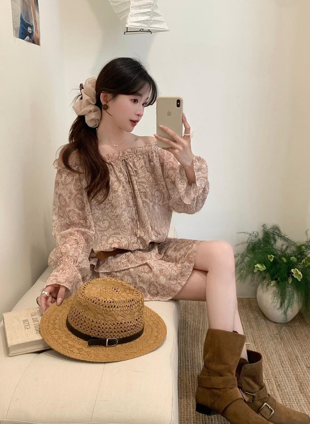 【加拿大直郵】 加拿大 SCENARIO 洛澤爾佩斯利印花(上衣+短裙+腰帶)三件套 均碼 米色