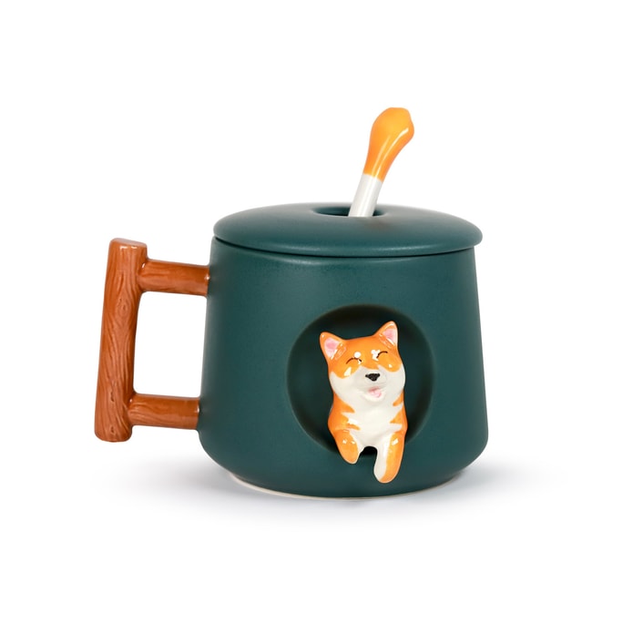 GINKGOHOME Cute Dog Ceramic Mug Wood Handle Design With Spoon And Lid - Green 16oz