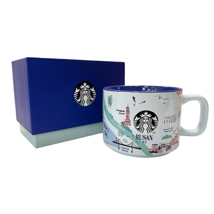 [중국 직배송] 미국 STARBUCKS 스타벅스 시티 한정 머그컵 355ml [블루 고급 선물 상자] 연한 파랑 머그컵 짙은 파랑 안쪽 유약 인어 로고 정품 세라믹 컵 랜드마크 카툰 프린트 고품질 물컵 두껍고 내열성 있는 도자기 재질 가정 사무실 커피 우유 컵 [한국 여행 기념 문구류] 학생 직장인 데스크탑 만능 선물 컵