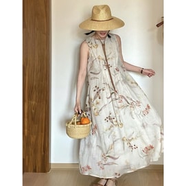 【中國直郵】 HSPM 氣質園藝植物印染寬鬆洋裝 苧麻印花 S
