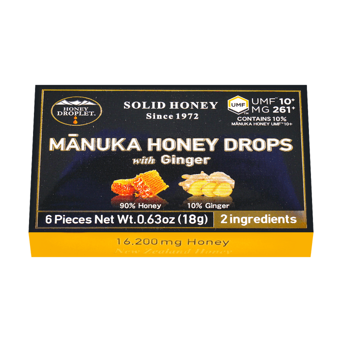 紐西蘭HONEY DROPLET 90%麥盧卡蜂蜜滴劑 潤喉糖含片 薑味 18g【UMF10+ MG261+】