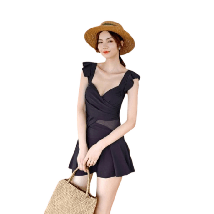 Swimming costume one-piece sexy cover-up small breast steel support gathering black  XL (recommended 110-125kg)1pcs