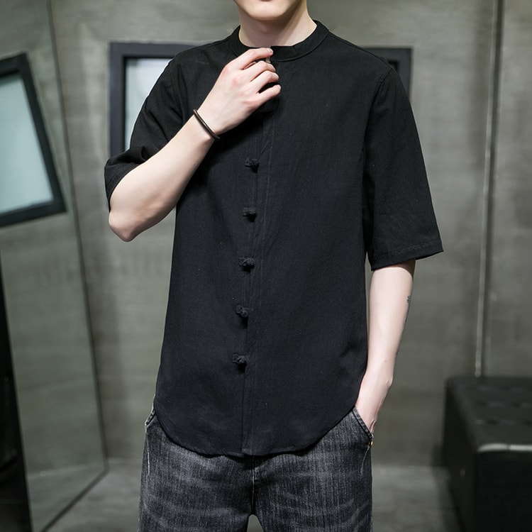 Chinese Style Linen-Cotton Knot Button Stand Collar Half Sleeve