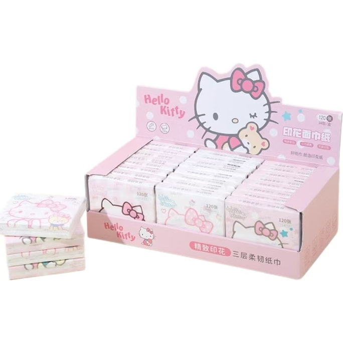 【中国直邮】 FOXTAIL 三丽鸥印花纸巾 便携 粉色-凯蒂猫-1盒含24包*|预计到达时间3-4周