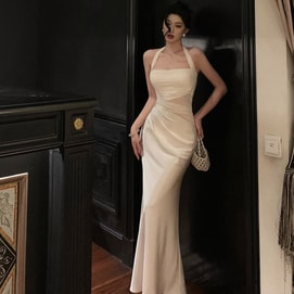 【中国直邮】 HSPM 法式小众显瘦包臀连衣裙 网纱缎面拼接挂脖连衣裙 米白色 L