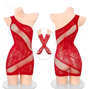 Scarlet Flame Torn Lace One-Shoulder Mesh Dress - Red