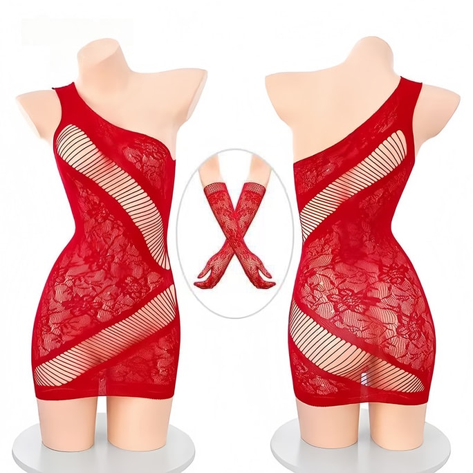 Scarlet Flame Torn Lace One-Shoulder Mesh Dress - Red