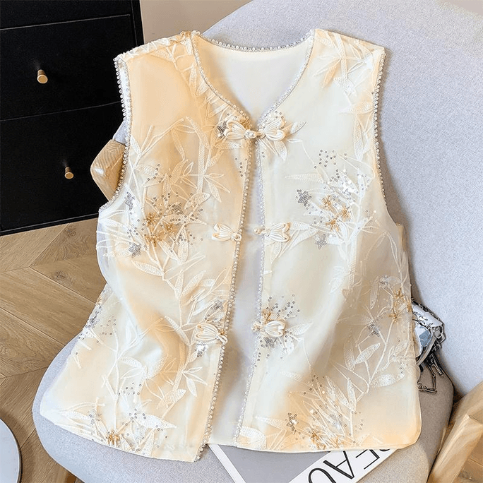 Chinese Style Embroidered Beading Vest Coat for Women Beige Onesize