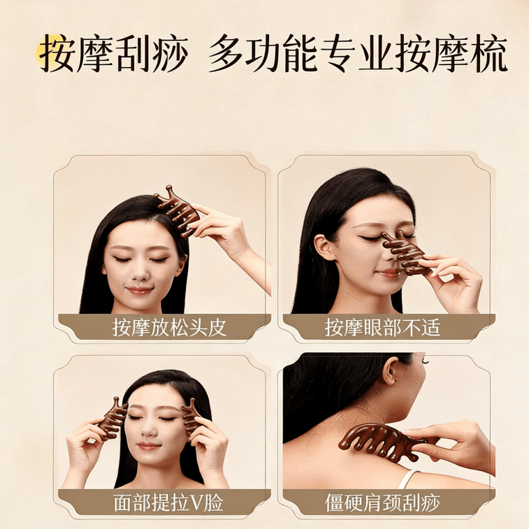 Seven-Finger Meridian Massage Comb Golden Thread Sandalwood 1 Comb Natural Scalp Massage Comb Sandalwood Meridian Comb Head Therapy Detoxifying Gua Sha Hair Loss Prevention Tool 3