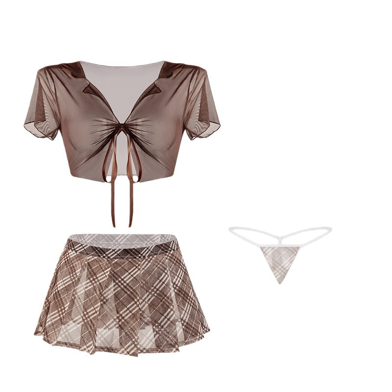 スカート yiyouggyeoung lingerie skirt Fun Lingerie Sexy Split Pleated Skirt Set Brown One Size - Yami.com