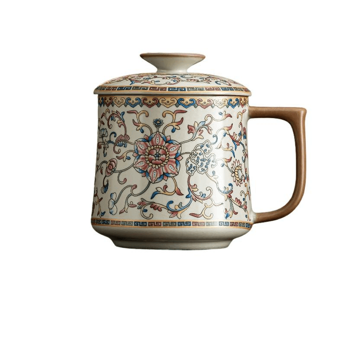 【中国直邮】 一品仟堂 珐琅彩繁花缠枝莲办公杯陶瓷茶杯带盖 12*11厘米