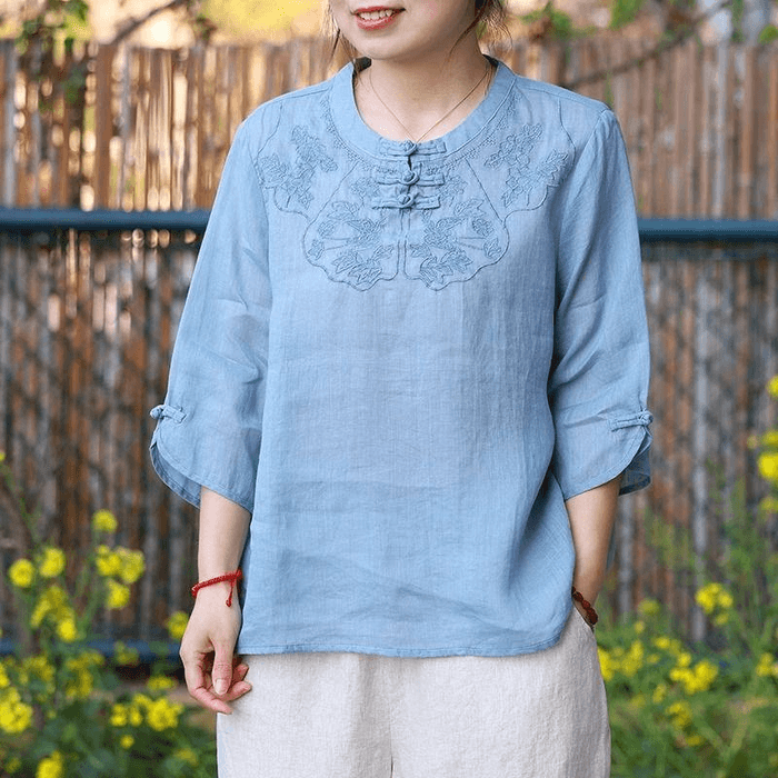 【中國直郵】 ASIS 棉麻刺繡盤扣中袖T卹襯衫-藍色 M