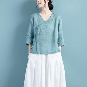 ASIS 新中国風コットン＆リネン刺繍入り斜め胸ルーズトップ - ブルーミディアム