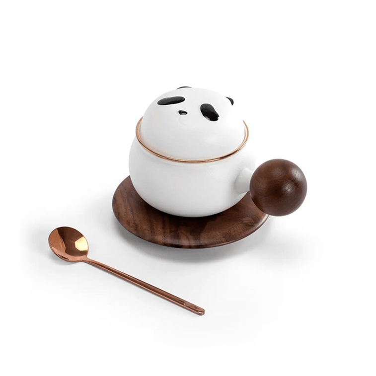Ceramic Panda Tea Cup & Wood Coaster with Spoon 6.08 fl oz 11