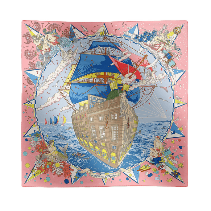 [Direct Mail From Japan] HERMES Hermès Flagship 90 Square Scarf Candy Pink / Blue / Multi-color Stitching
