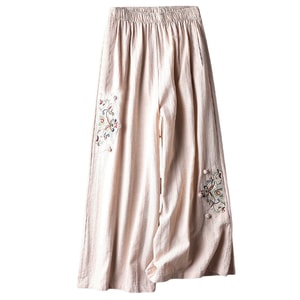 ASIS 중국식 면과 린넨 얇은 자수 와이드 팬츠 9부 바지 살구 4XL