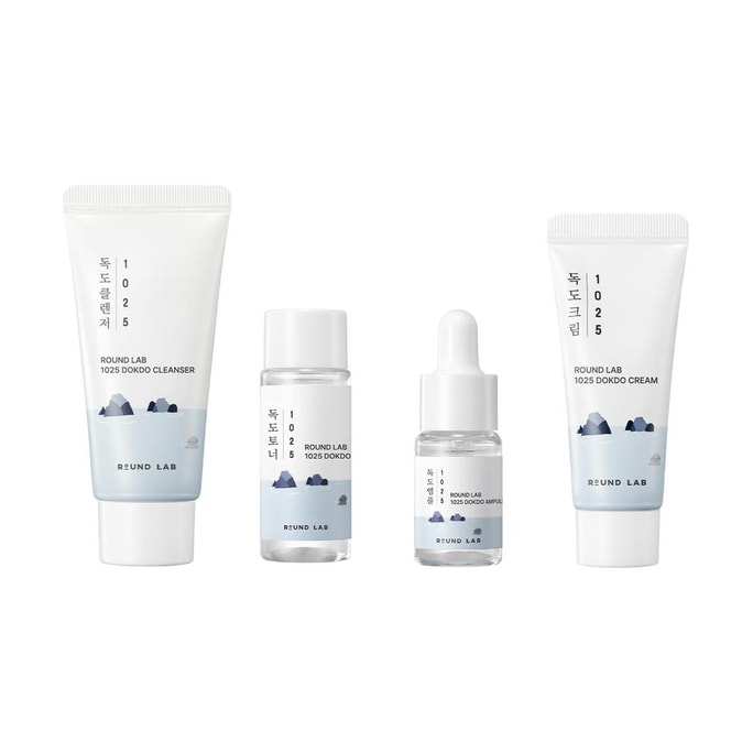 1025 Dokdo Travel Routine Trial Kit Hydrating 4-Step Mini Skincare Set, Cleanser + Toner + Ampoule + Cream (Travel Size)