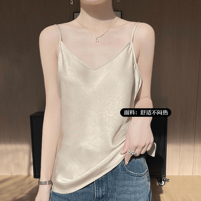 Chinese Style Stain Embossing V Neck Loose Tank Tops Camisole Champagne M
