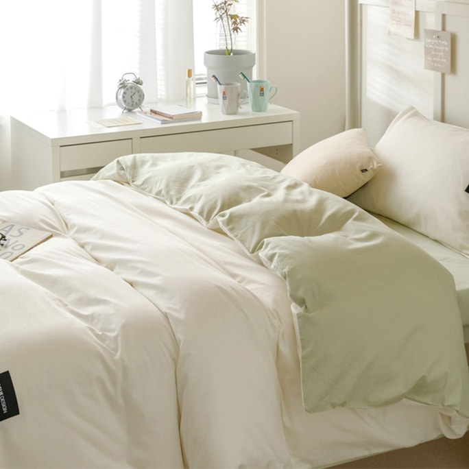 Kazi Wabi-Sabi Washed Cotton 4-Piece Bedding Set – 2×2.3m Duvet Cover, 2.3×2.5m Bed Sheet, 48×74cm Pillowcases ×2 – Queen Size – Dorm & Home Textiles, White + Bean Green Two-Tone