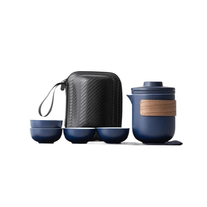Portable Travel Ceramic Tea Set Outdoor Set Deep Blue One Pot Four Cups 11.7CM