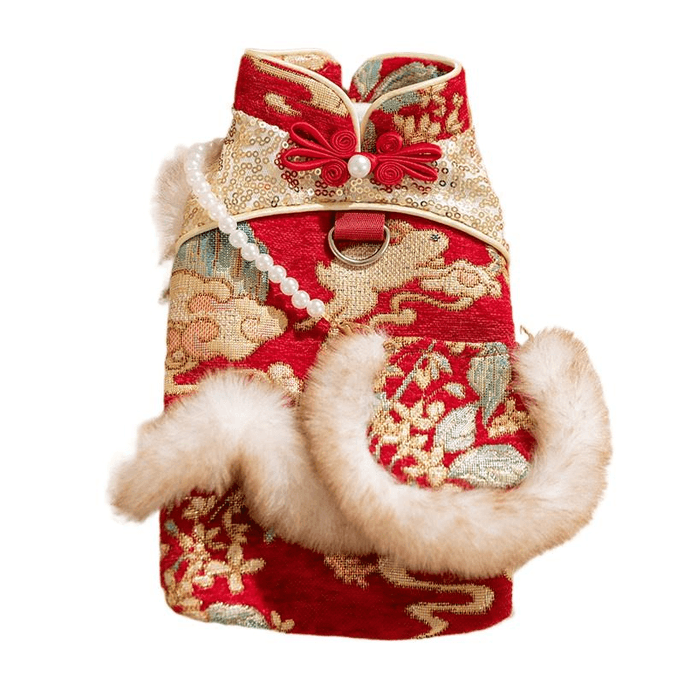 [中国から直送] ペットタイム - 花柄 新年 犬服 冬服 小型子犬用 唐装 コットンコート デロレッド サイズS 3-5ポンド * 1枚