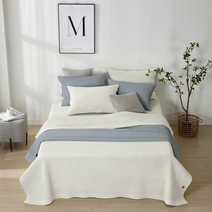 韓国製セミマイクロファイバークラウドコンフォートキルトセット - CREAM/CREAM (クイーン)