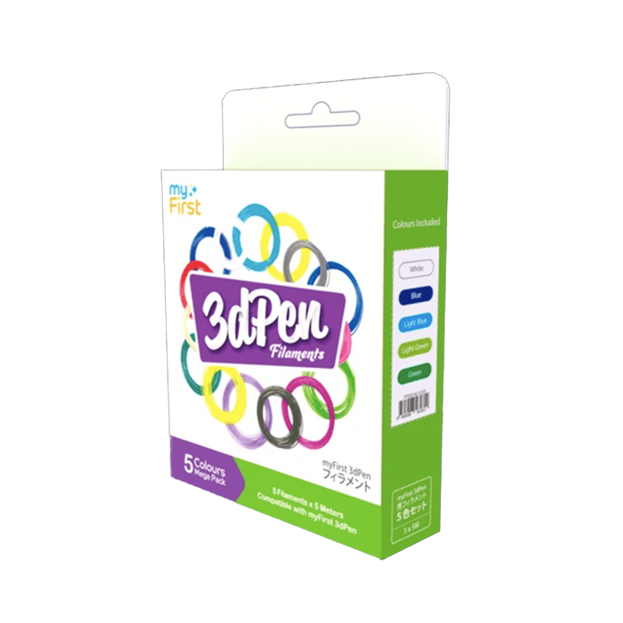 新加坡 myFirst 3D打印笔耗材   PCL环保材质|冷色调|5色组合套装|绿色、浅绿、白色、蓝色、浅蓝