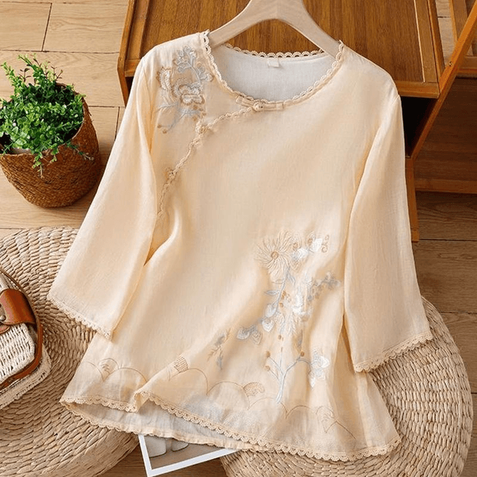 Chinese Style Cotton Linen Knot Button Embroidery Three-quarter Sleeve T Shirt Beige M