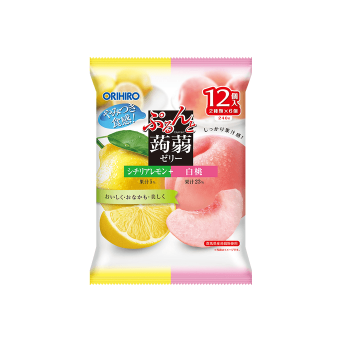 日本ORIHIRO 低卡高纤蒟蒻果汁果冻 柠檬+白桃混合口味 12枚装 24g