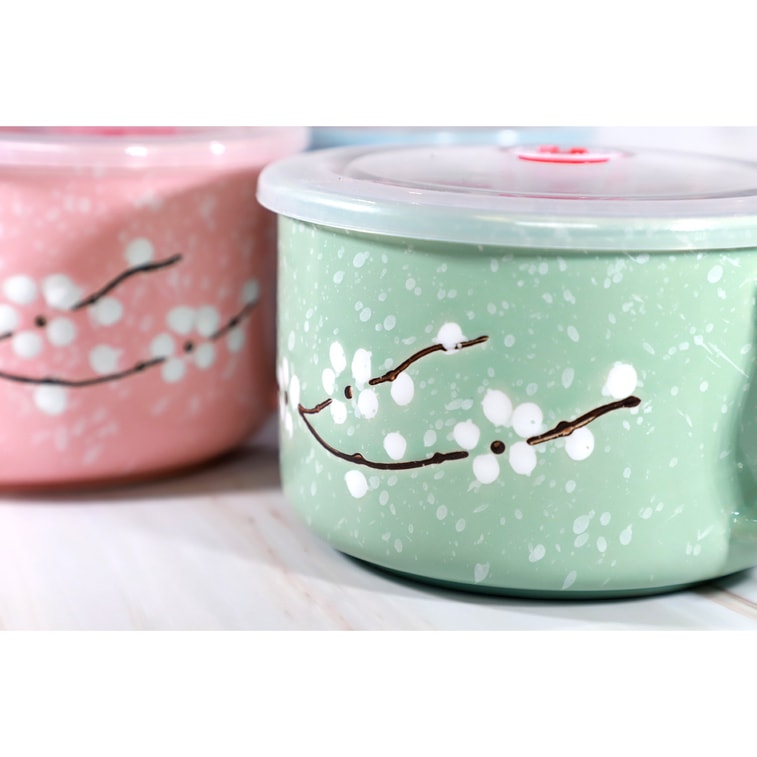 GINKGOHOME Microwavable Ceramic Noodle Bowl with Handle and Seal Sakura Snow Flake Floral Design - Olive 24oz 4
