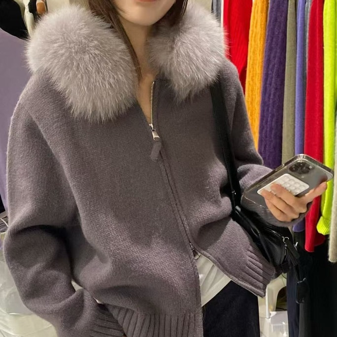 【加拿大直邮】 加拿大 SCENARIO 真狐狸毛领针织外套 均码 双色 灰色 均码
