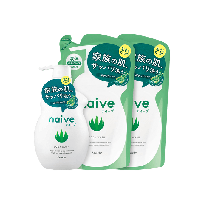 日本KRACIE嘉娜宝 NAIVE 纯植物性润泽沐浴乳 芦荟款限量套组 含正装+2袋补充包