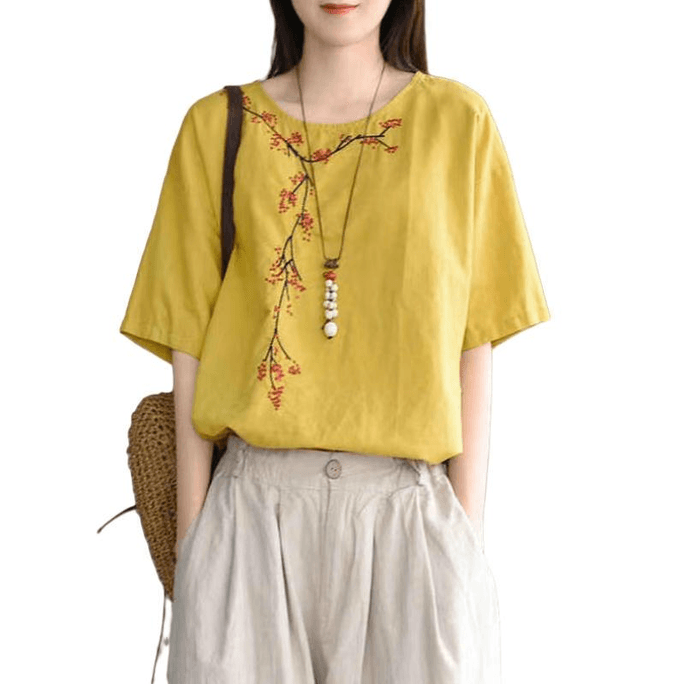 【中國直郵】 ASIS 女夏季棉麻刺繡寬鬆短袖T卹上衣-黃 L