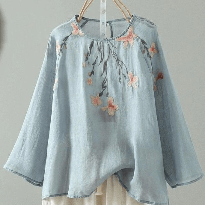 Chinese Style Embroidery Long Sleeves Loose Fit T Shirt Tops Blue M