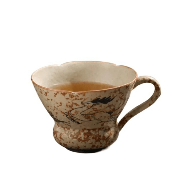 中国直邮】 一品仟堂九色鹿火石红陶瓷花边耳把杯中式复古陶瓷茶杯5.5*9