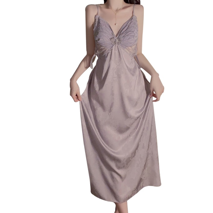 Pajamas Skirt Ice Silk Long Suspender Home Clothing Set Taro Purple XL (No Stockings)
