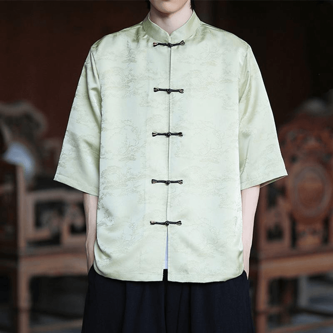 Chinese Style Silk Jacquard Knot Button Half Sleeve Tang Suit Hanfu Green XL