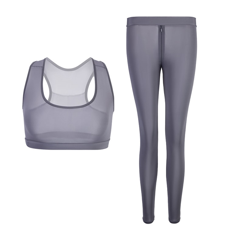 Fun Lingerie Sexy Tight Zipper Open Yoga Suit Set Grey One Size - Yami.com