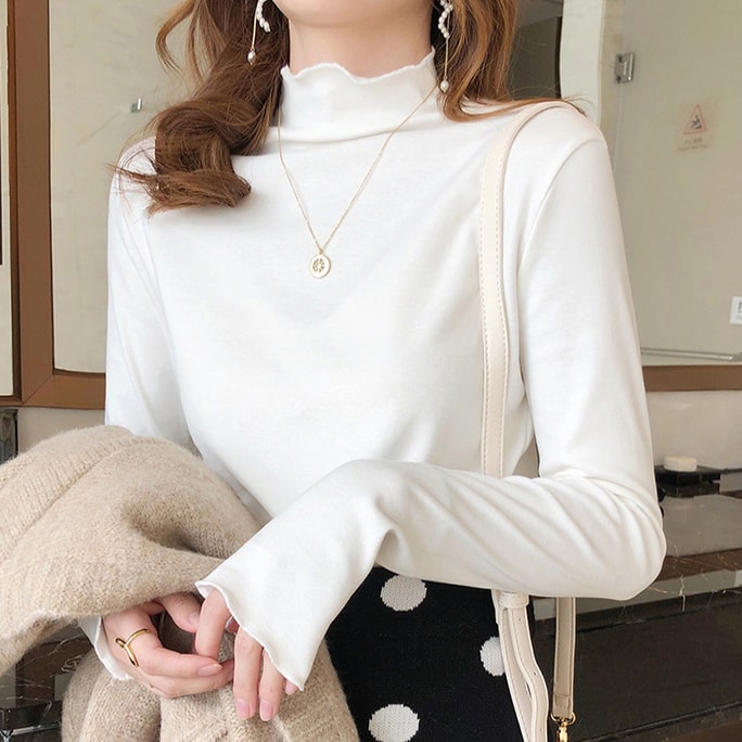 Base shirt for fall and winter with a half-high collar long-sleeved German velvet warm top white one size